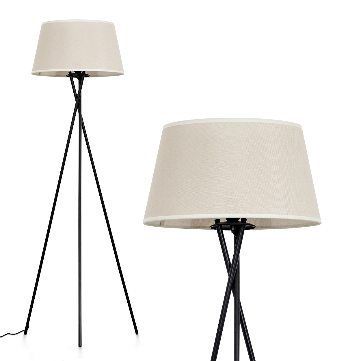 Zwei schwarze Stativlampen mit beigen Schirmen, weißer Hintergrund.