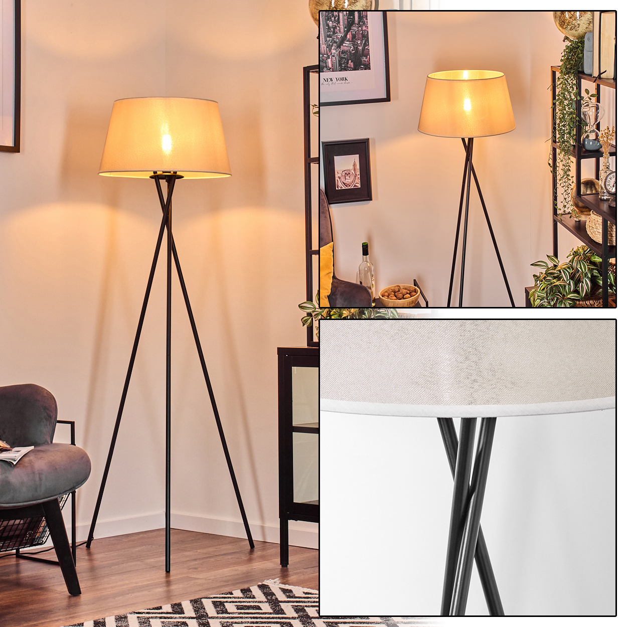 Dreibein-Stehlampe mit schwarzen Beinen und beigem Schirm. Der Raum hat Einrichtung.