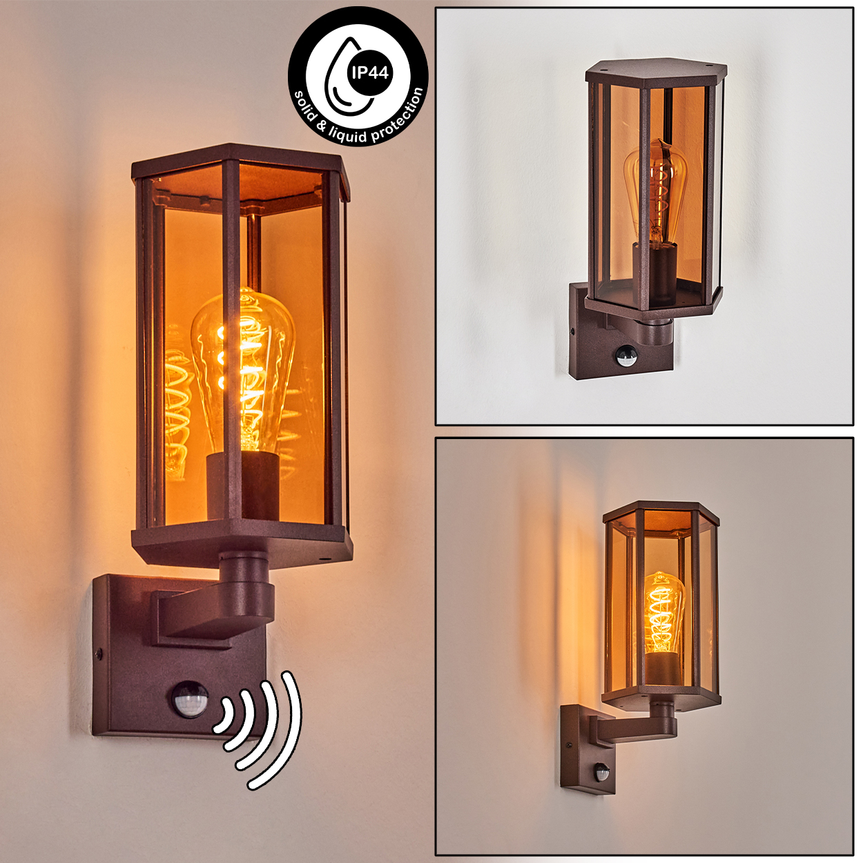 Braune Wandlampe mit bernsteinfarbenem Glas und sichtbarer Glühbirne, IP44-Schutz.