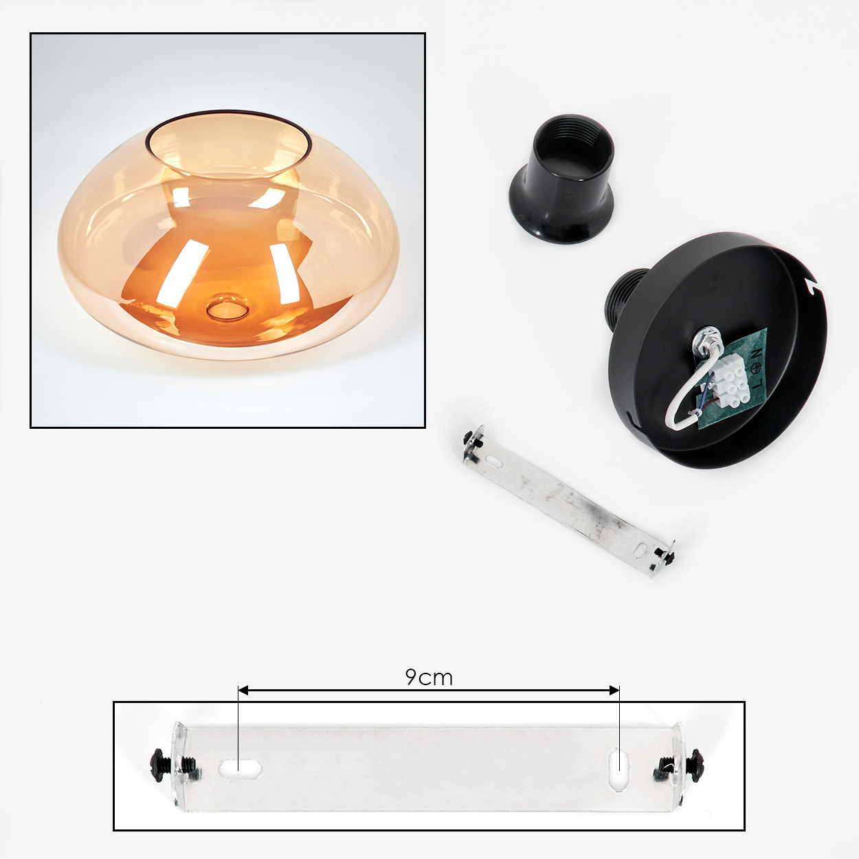 Montage eines Glas-Lampenschirms, einer schwarzen Lampenfassung, einer Halterung und einer Messung von 9 cm.