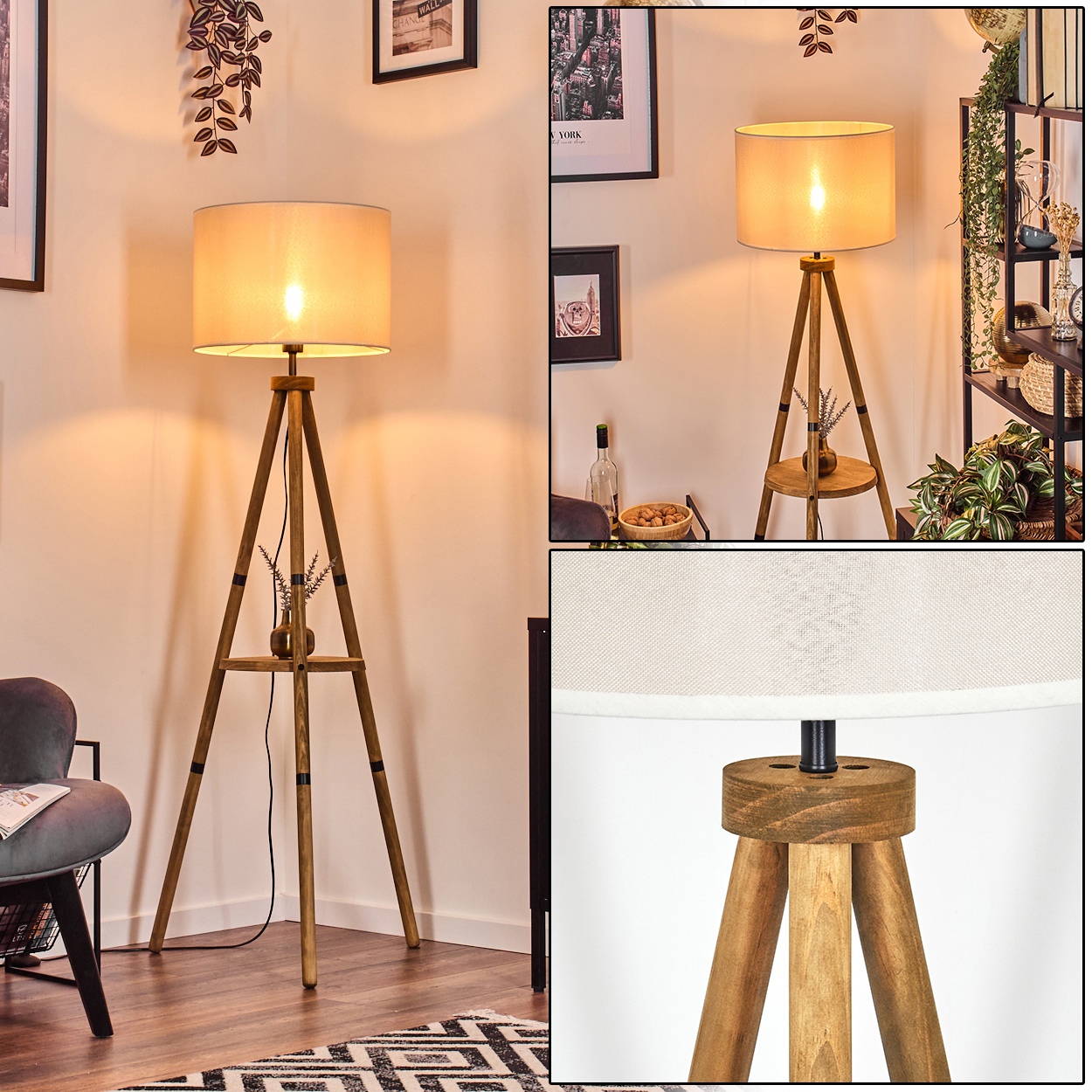 Eine Stehlampe mit beigem Schirm und Holz-Dreibein-Sockel. Die Basis ist aus Holz. Zwei Bilder.