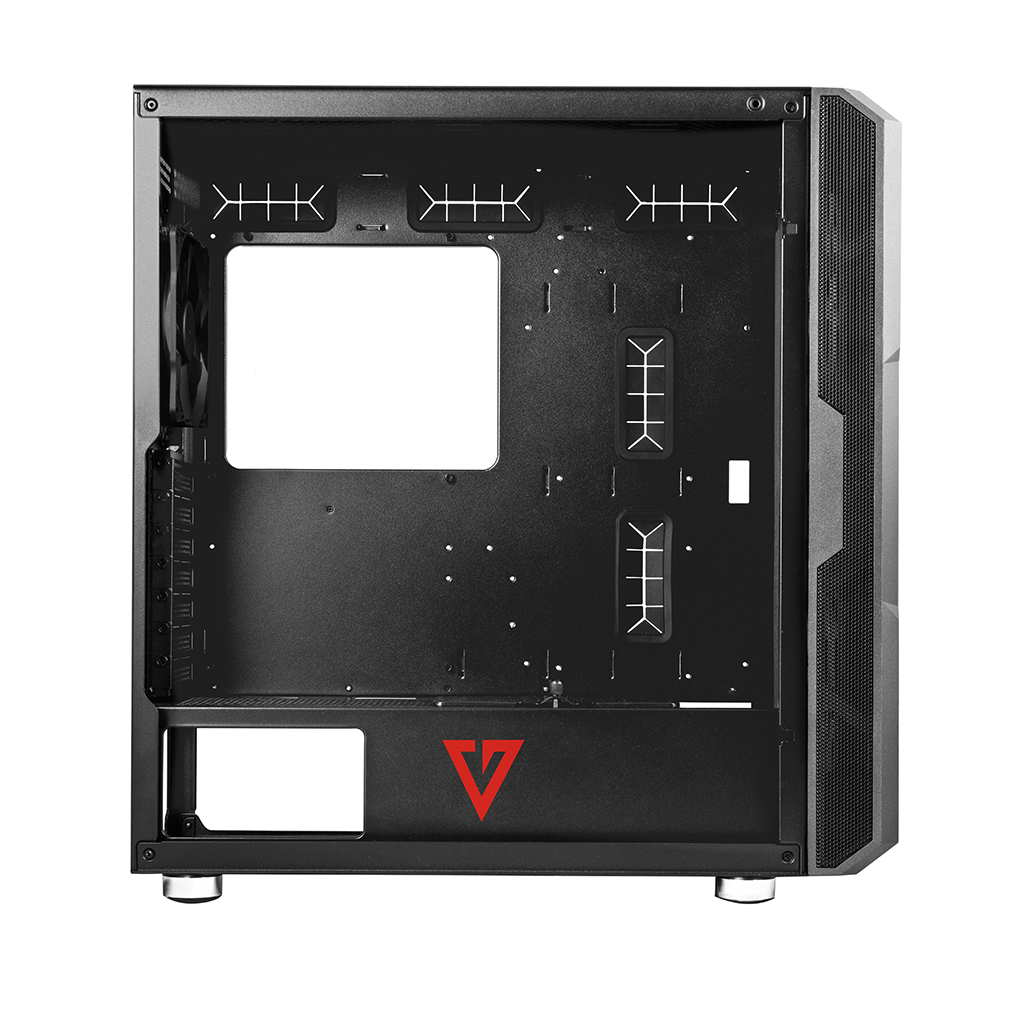 Czarna obudowa komputera z otwartym panelem bocznym, widoczne komponenty wewnętrzne i czerwone logo.