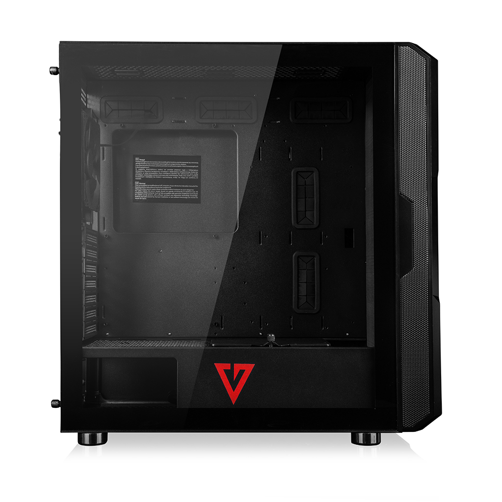 Czarna obudowa komputera z szklanym panelem bocznym. Widoczne czerwone logo 'V'.
