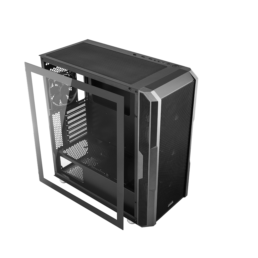 Czarna obudowa komputera z otwartym szklanym panelem bocznym, odsłaniająca komponenty wewnętrzne i wentylatory.