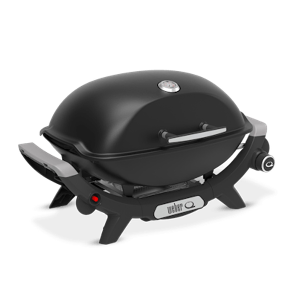 Una parrilla Weber Q negra con tapa cerrada, mostrando el asa, las patas y la perilla de control.