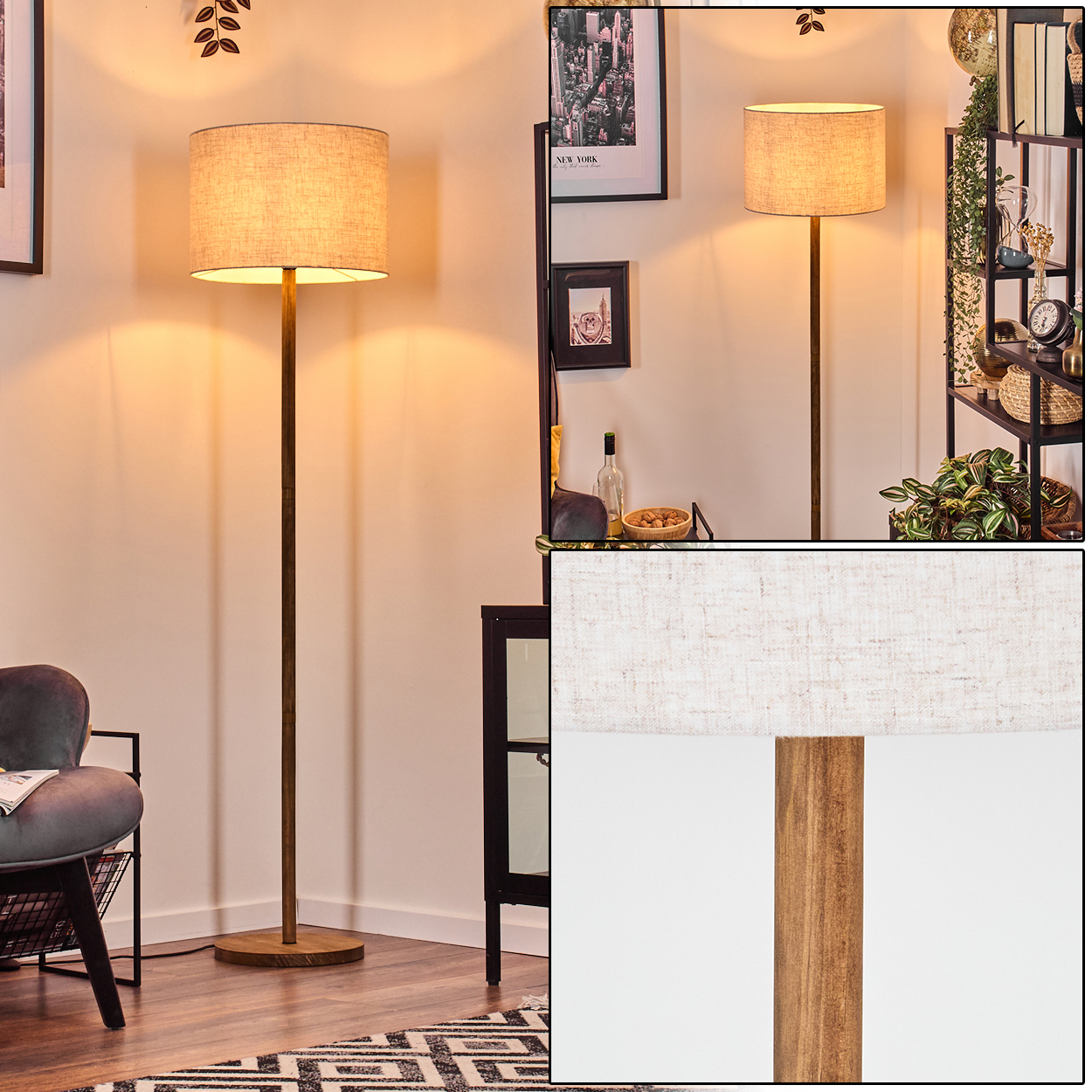 Stehlampe mit beigem Lampenschirm. Zimmer mit Postern und Regal sichtbar.