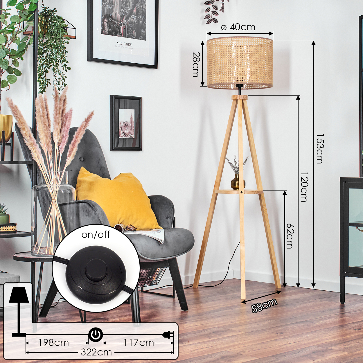 Stehlampe mit Holzstativ und gewebtem Lampenschirm. Abmessungen und Ein/Aus-Schalter.