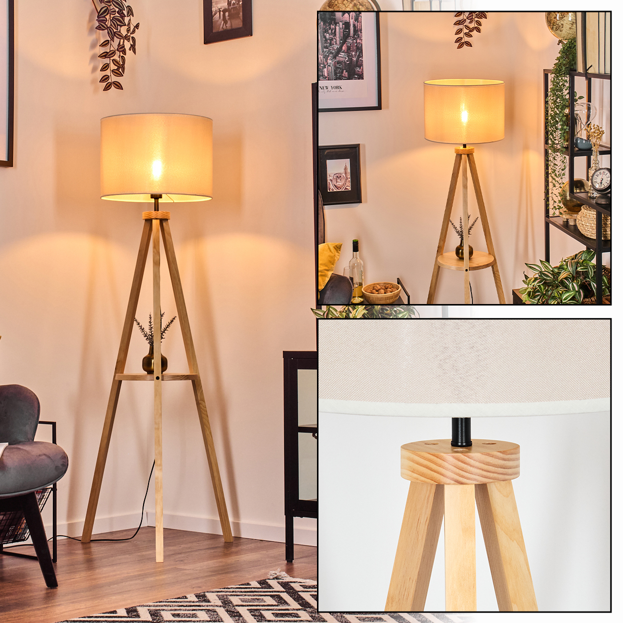 Dreibein-Lampe im Raum. Beiger Schirm, Pflanze in Vase, dunkle Möbel. Gut beleuchteter Bereich.