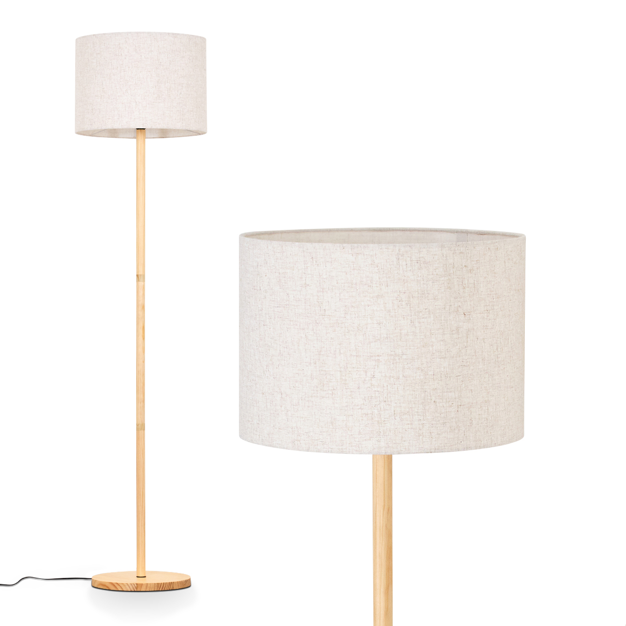 Stehlampe mit beigem Schirm und Holzfuß. Ein zweites Bild zeigt eine Nahaufnahme des Lampenschirms.