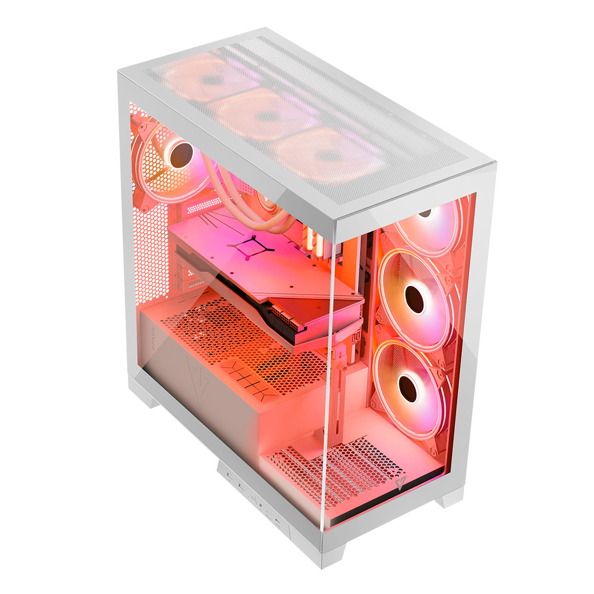 Biała obudowa komputera. Czerwono podświetlane wentylatory. Widok wewnętrzny, szklany panel. Komponenty.
