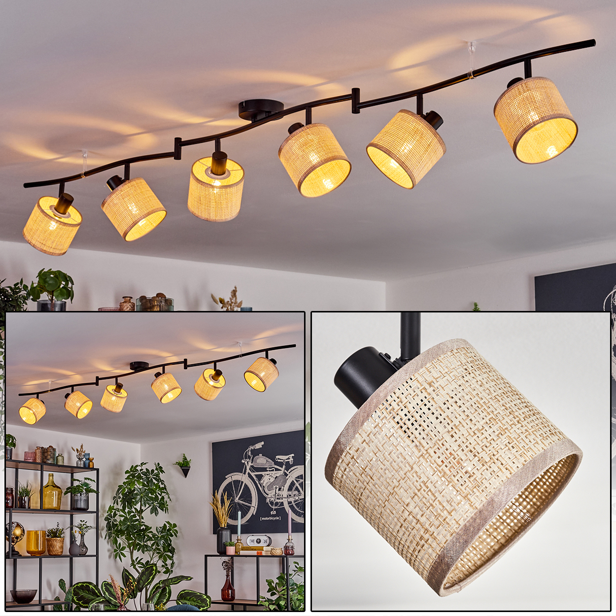 Deckenstrahler mit sechs Lampen, jede mit gewebtem Schirm. Zusätzliche Bilder zeigen den Strahler.