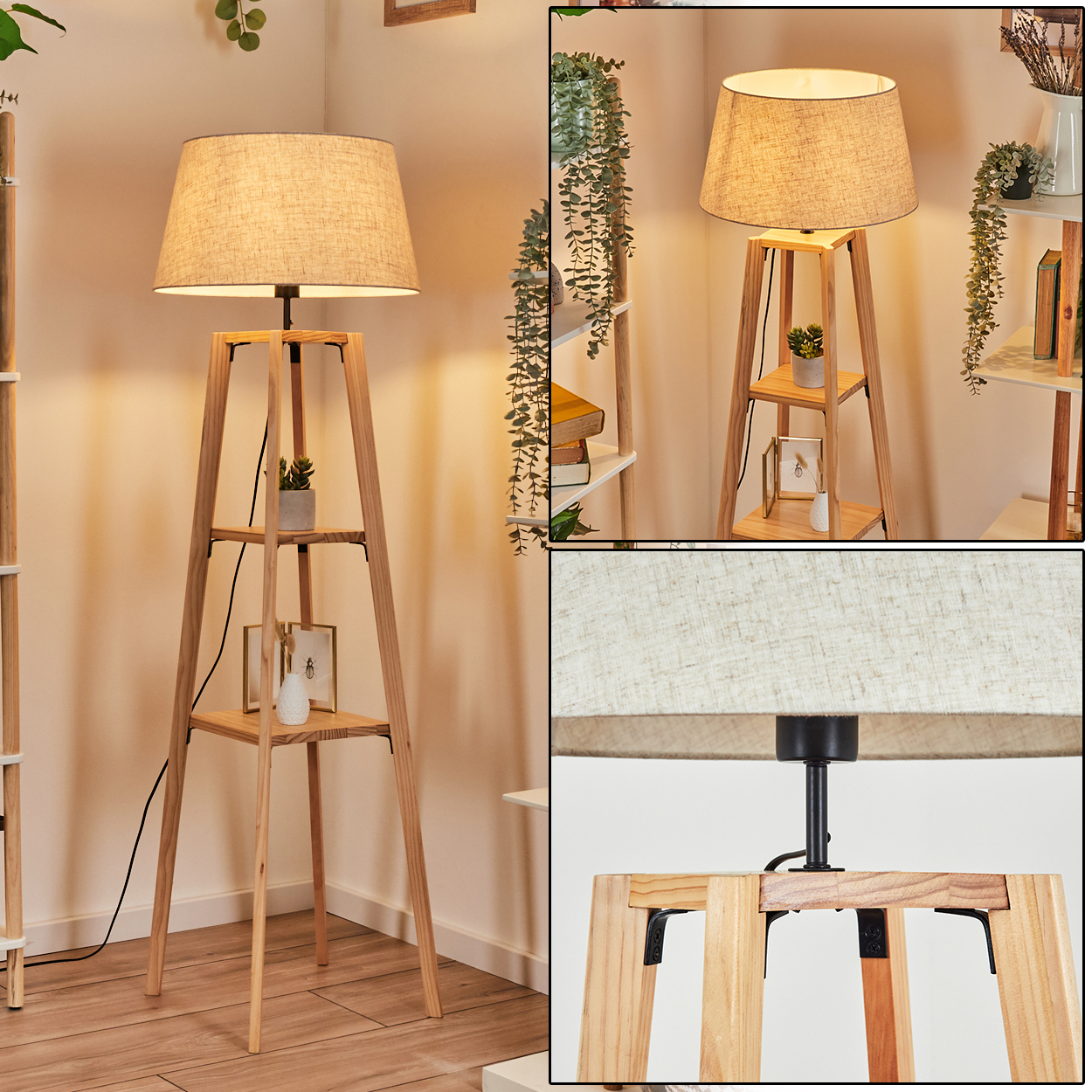 Stehlampe mit beigem Schirm und Holzrahmen. Die Lampe hat ein kleines Regal.