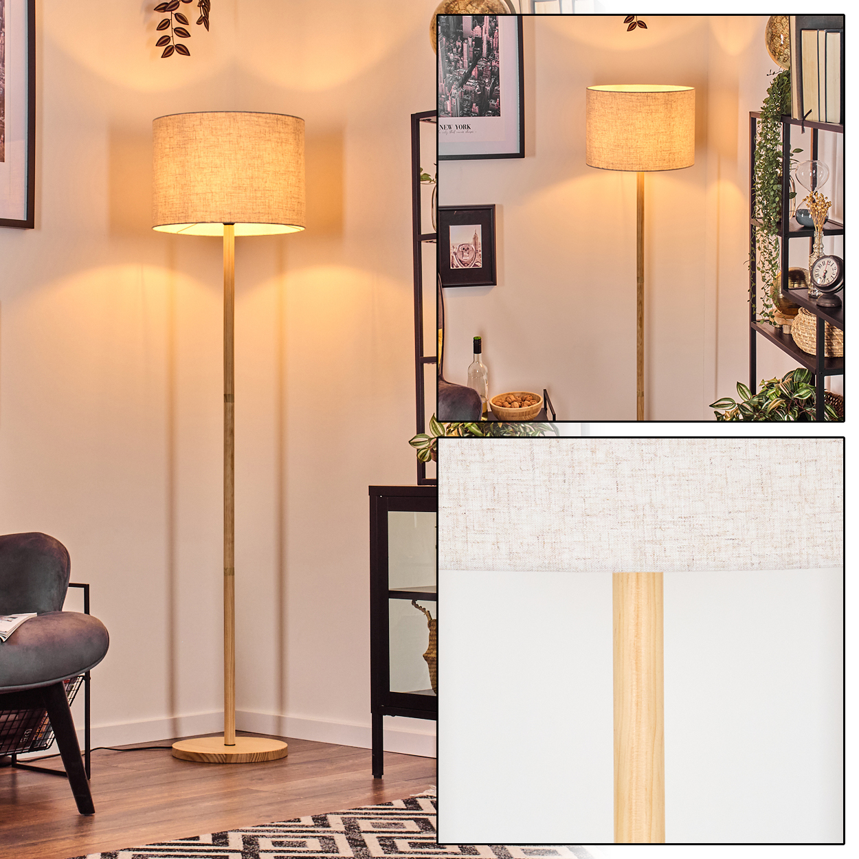 Stehlampe mit beigem Schirm und Holzfuß. Die Lampe steht in einem Wohnzimmer mit Möbeln.