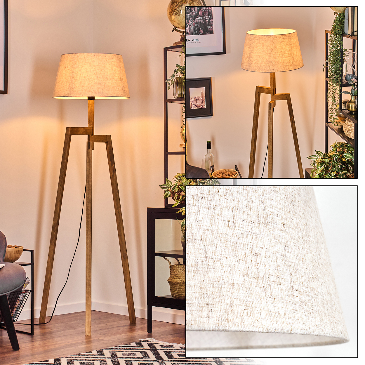 Stehlampe mit beigem Schirm und Holzrahmen. Sie steht in einem Raum mit anderer Deko.