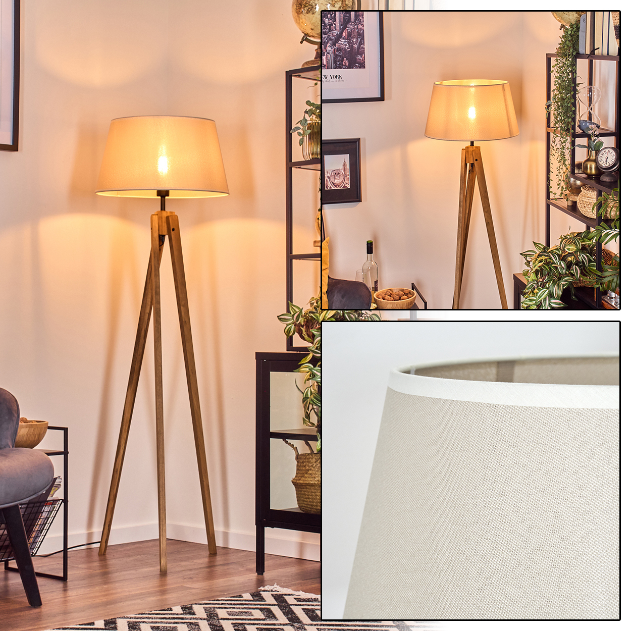 Stehlampe mit beigem Schirm und Holzrahmen. Sie steht in einem Raum mit anderen Möbeln.