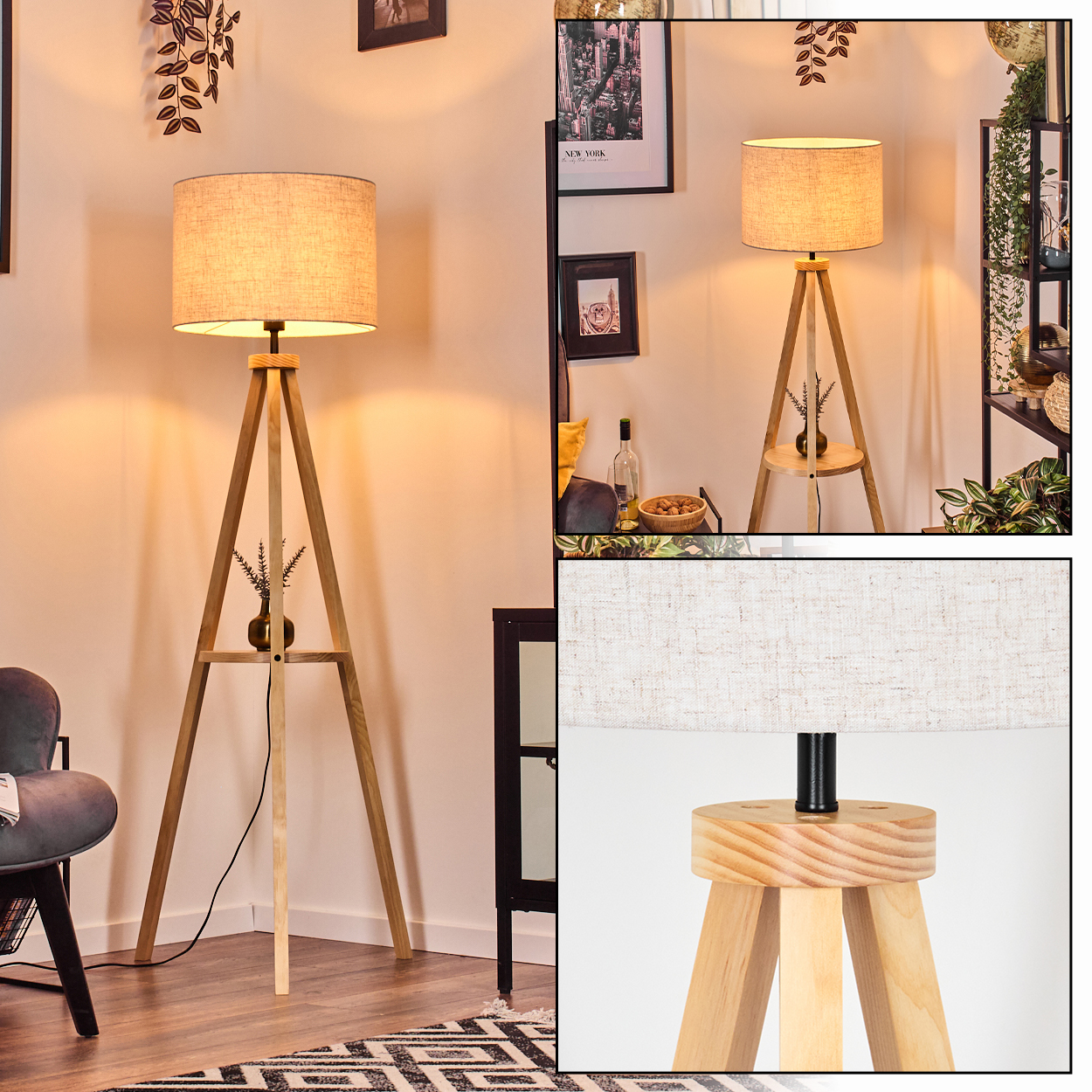 Holz-Stativ-Stehlampe mit Leinenschirm. Innenszene mit Dekor. Weiße Wand und Ecke.