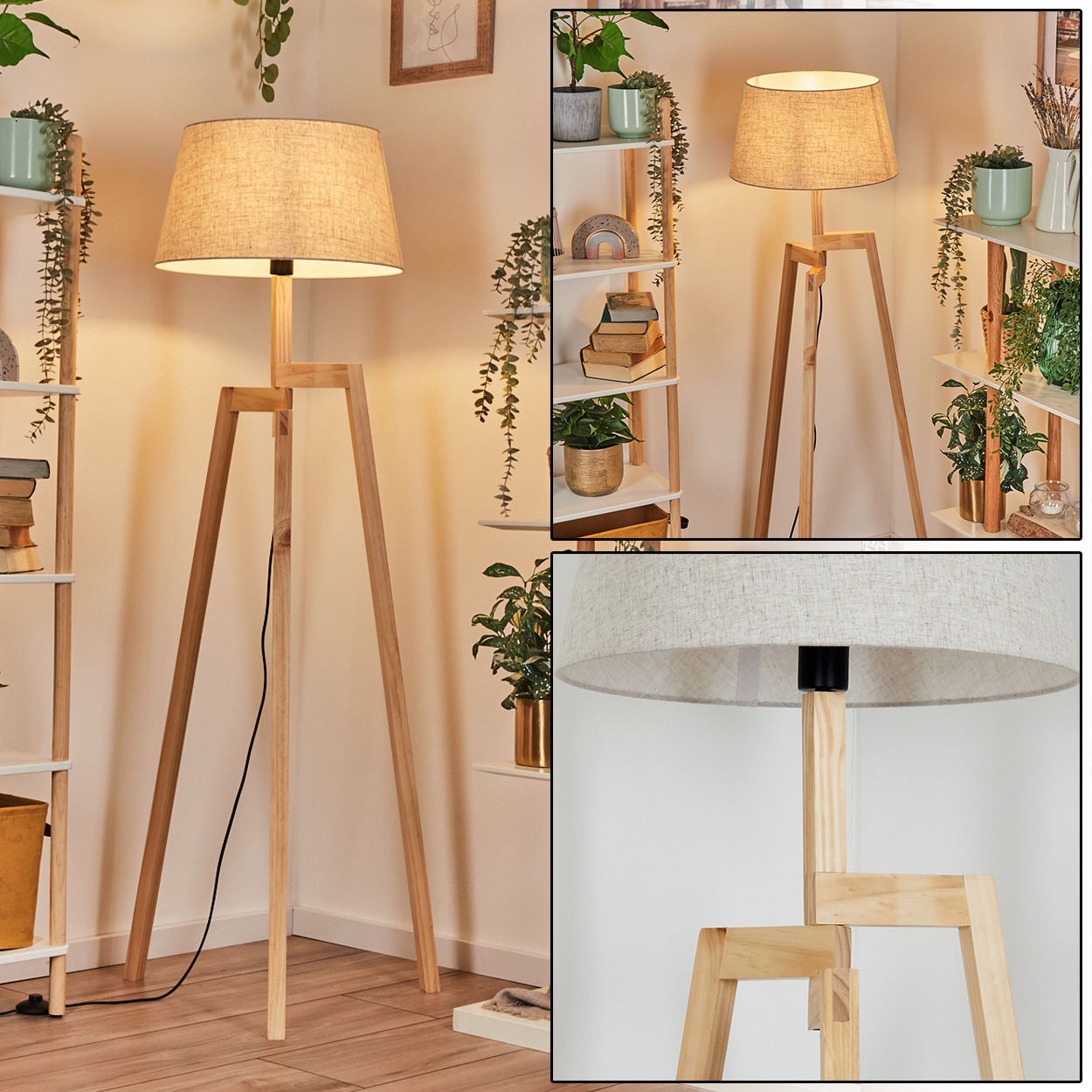 Holz-Stehleuchte mit Stoffschirm, in der Nähe von Regalen mit Pflanzen und Dekoration.