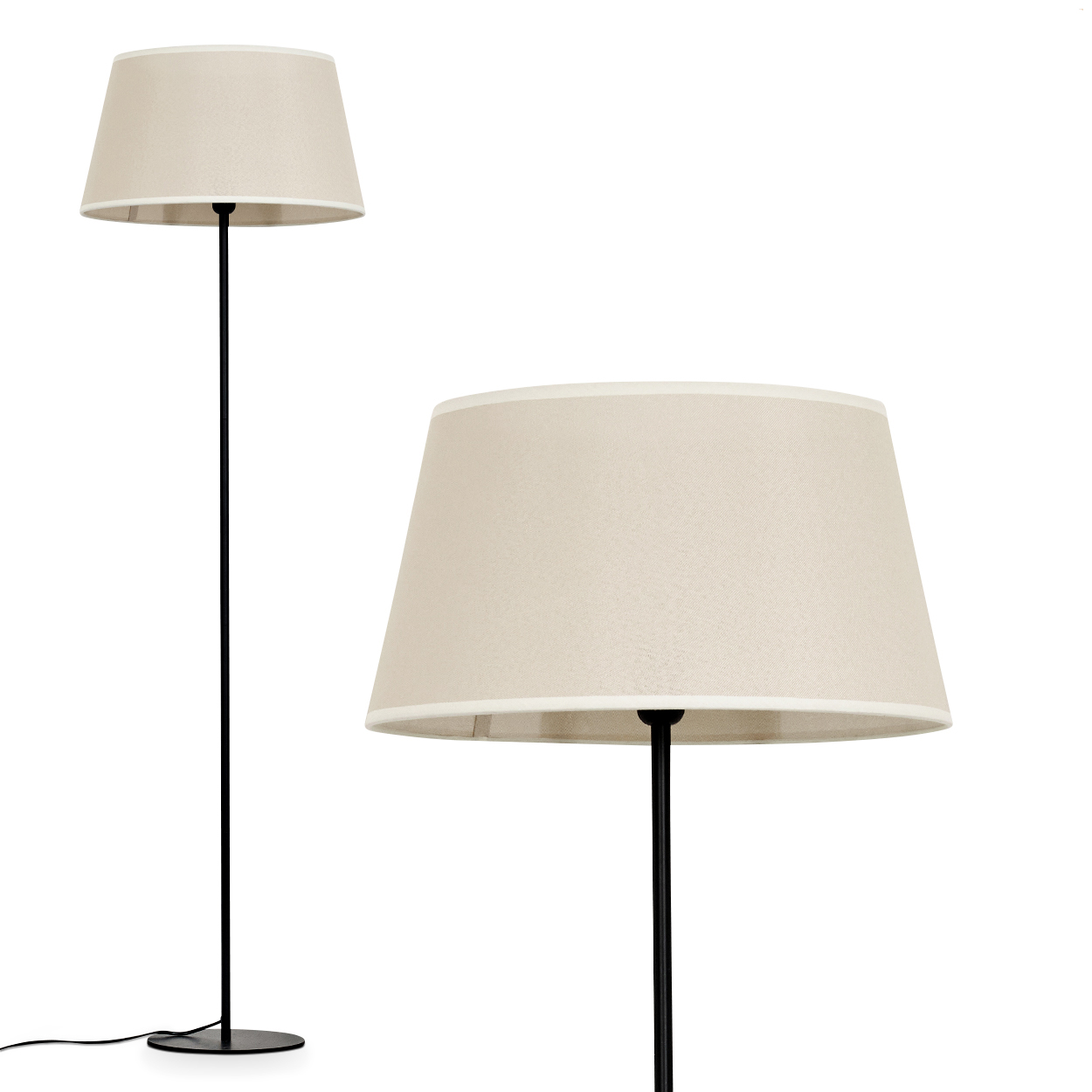 Zwei Lampen: eine hohe Stehlampe und eine Nahaufnahme des Lampenschirms, beide beige.