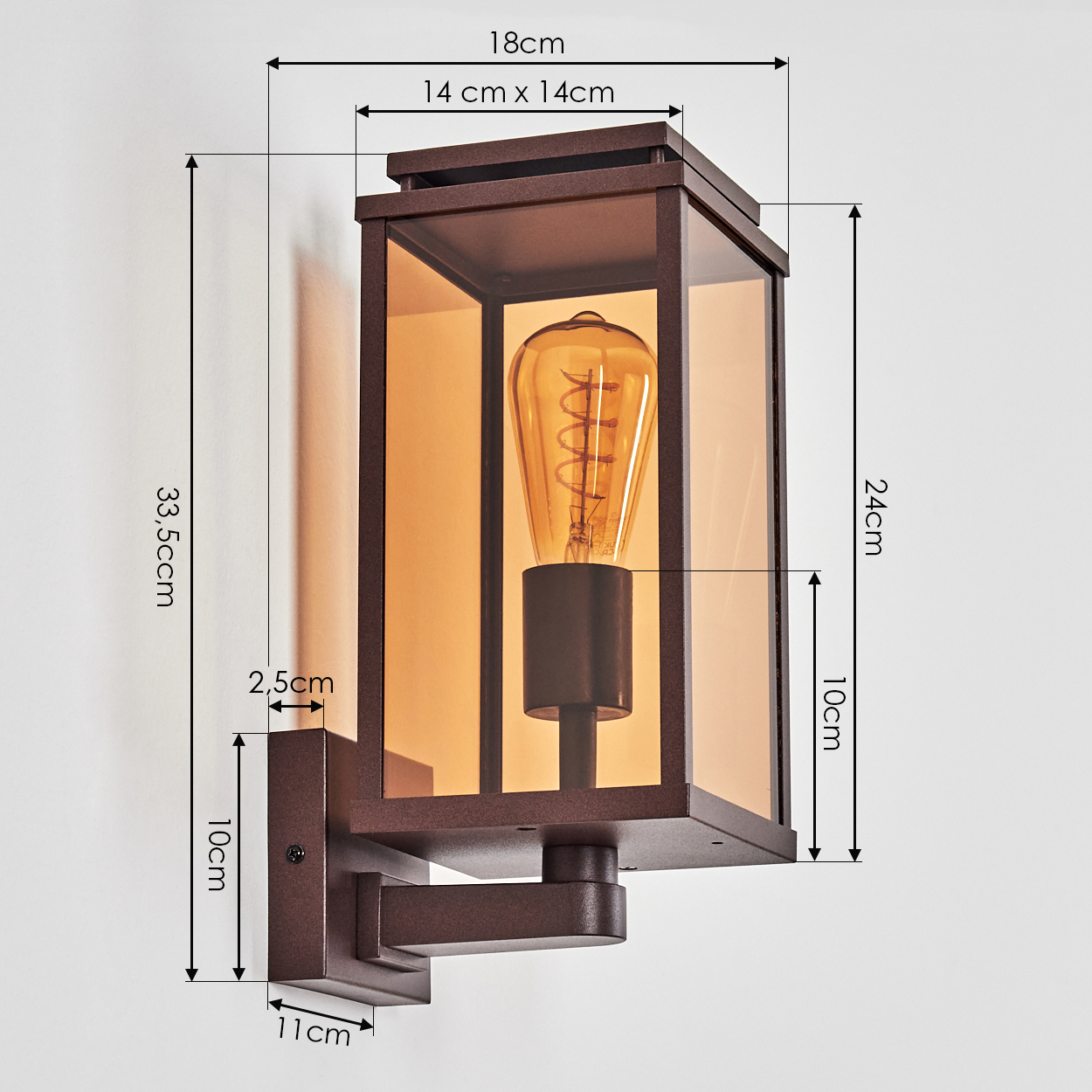 Detaillierte Ansicht der Lampe mit Abmessungen. Braune rechteckige Lampe mit bernsteinfarbener Glühbirne.