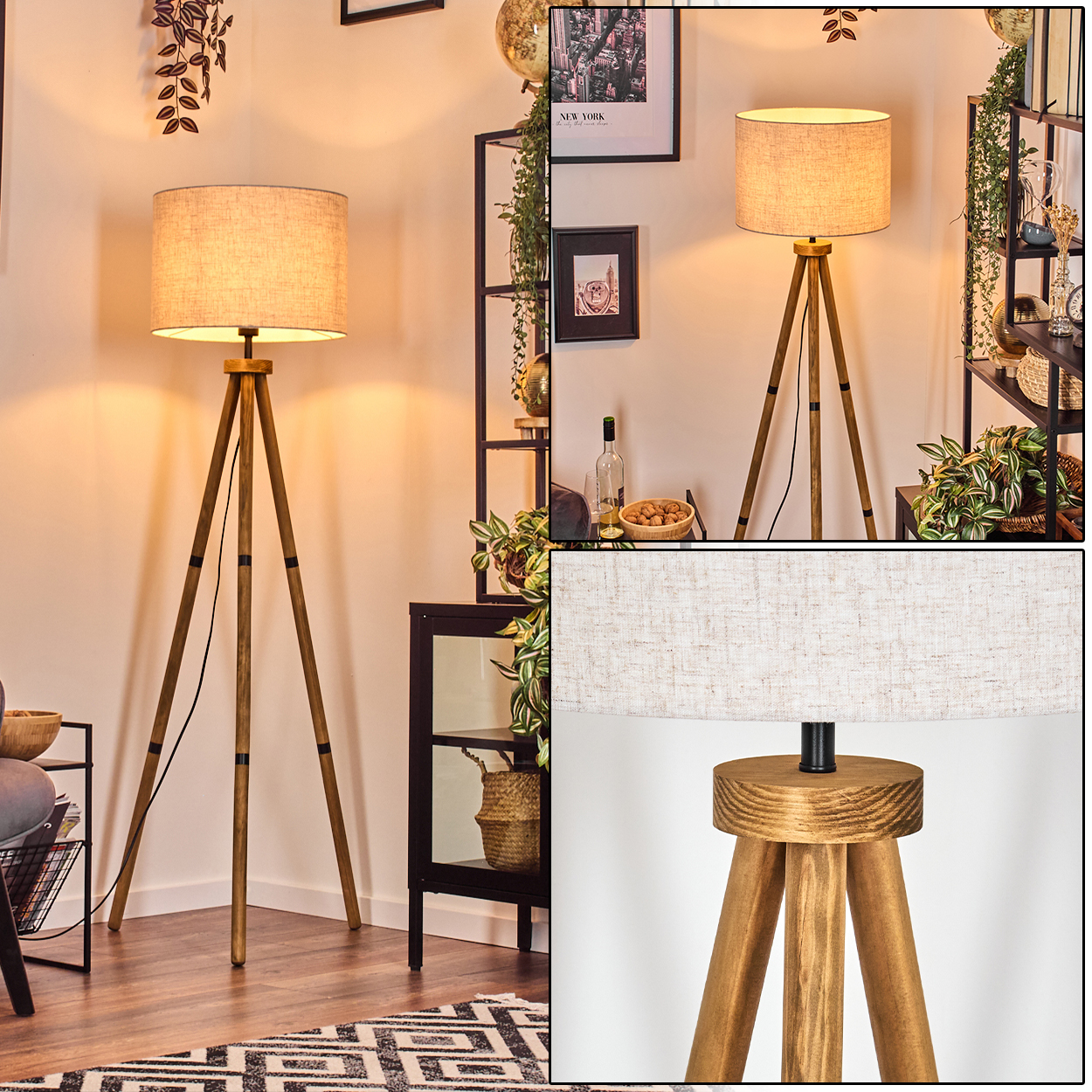 Holz-Stativ-Stehleuchte mit beigem Schirm, in einem Raum mit Teppich und Dekoration platziert.