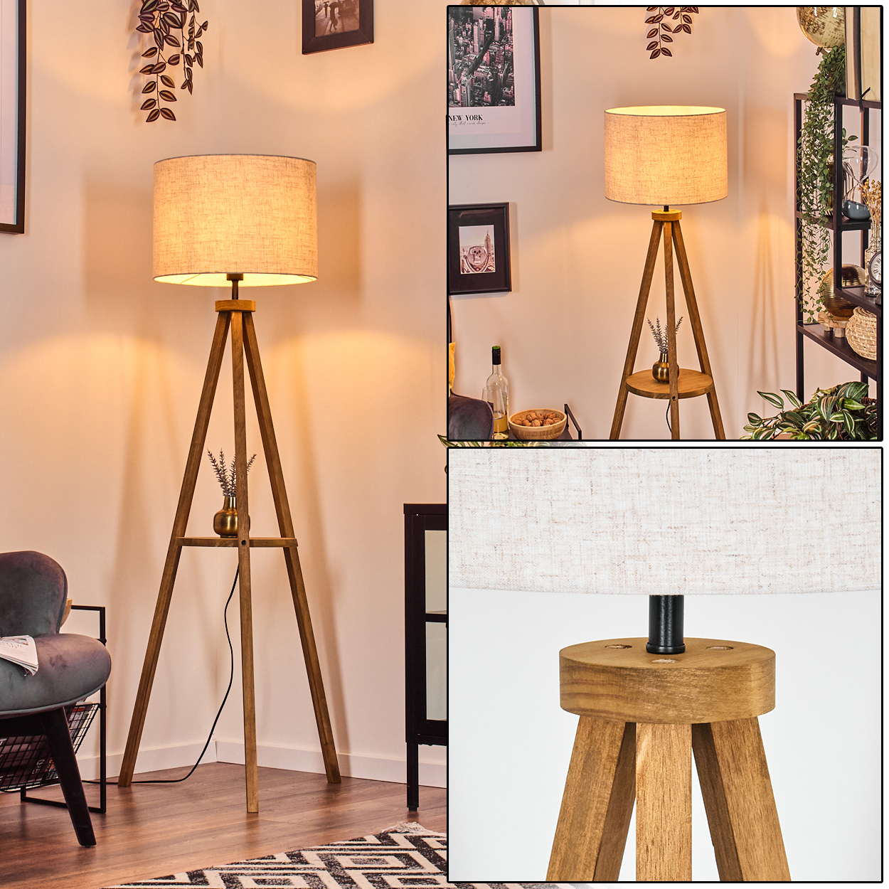 Holz-Stativ-Stehleuchte mit beigem Schirm, in einem Raum mit Dekoration.