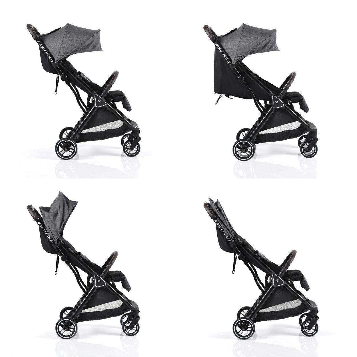 Vier Kinderwagen mit unterschiedlichen Verdeckpositionen, auf weißer Oberfläche.