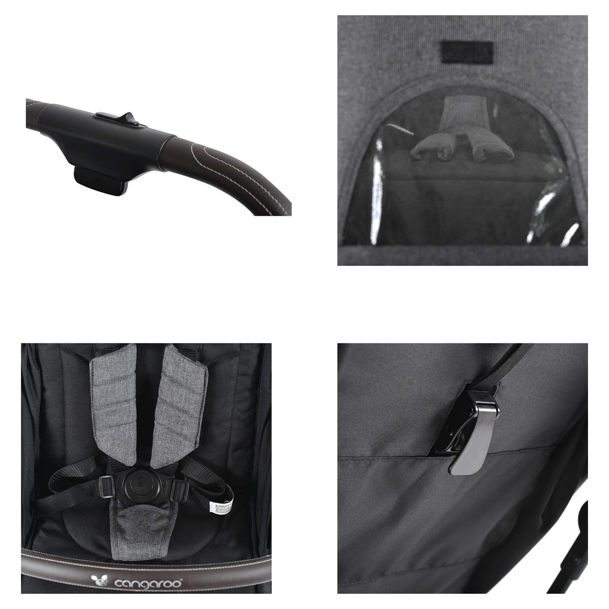 Kinderwagendetails: Griff, Verdeck, Gurte und Schnalle.