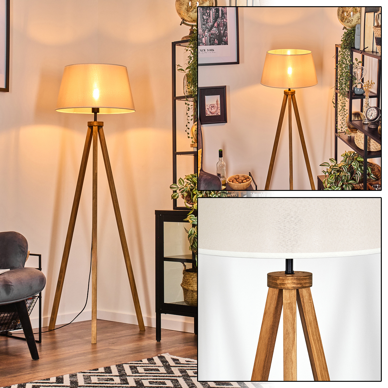 Wohnzimmer mit Holz-Dreibein-Lampe und Dekoration.