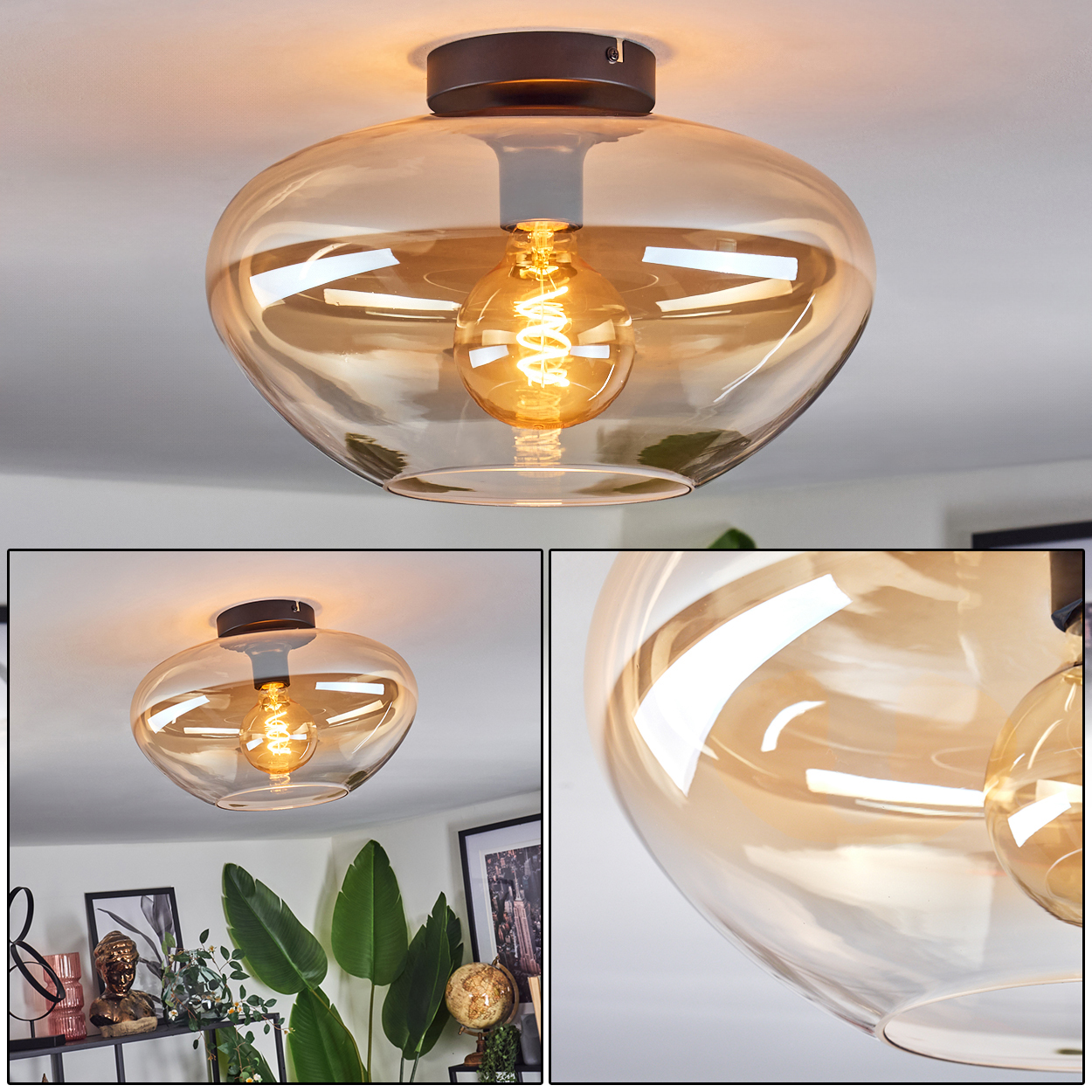 Deckenlampe mit bernsteinfarbenem Glasschirm. Wendel-Glühbirne sichtbar. Raum mit Pflanzen.