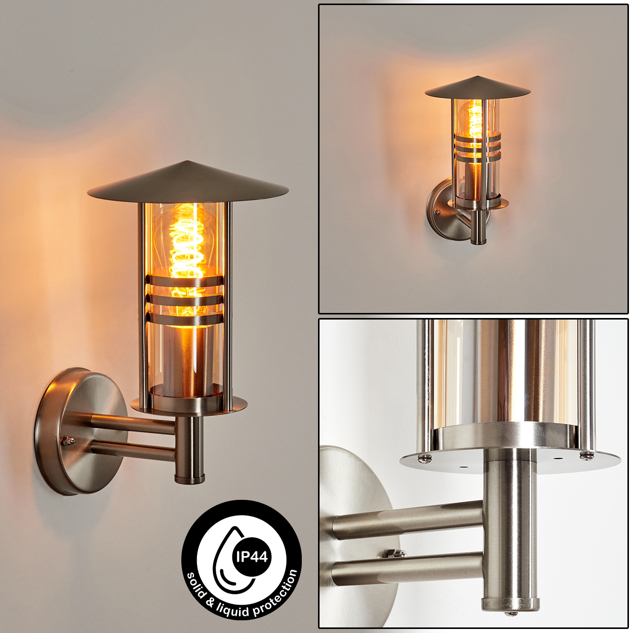 Eine Wandleuchte mit Metallrahmen und Glas. Das Licht ist an und hat eine sichtbare Glühbirne.