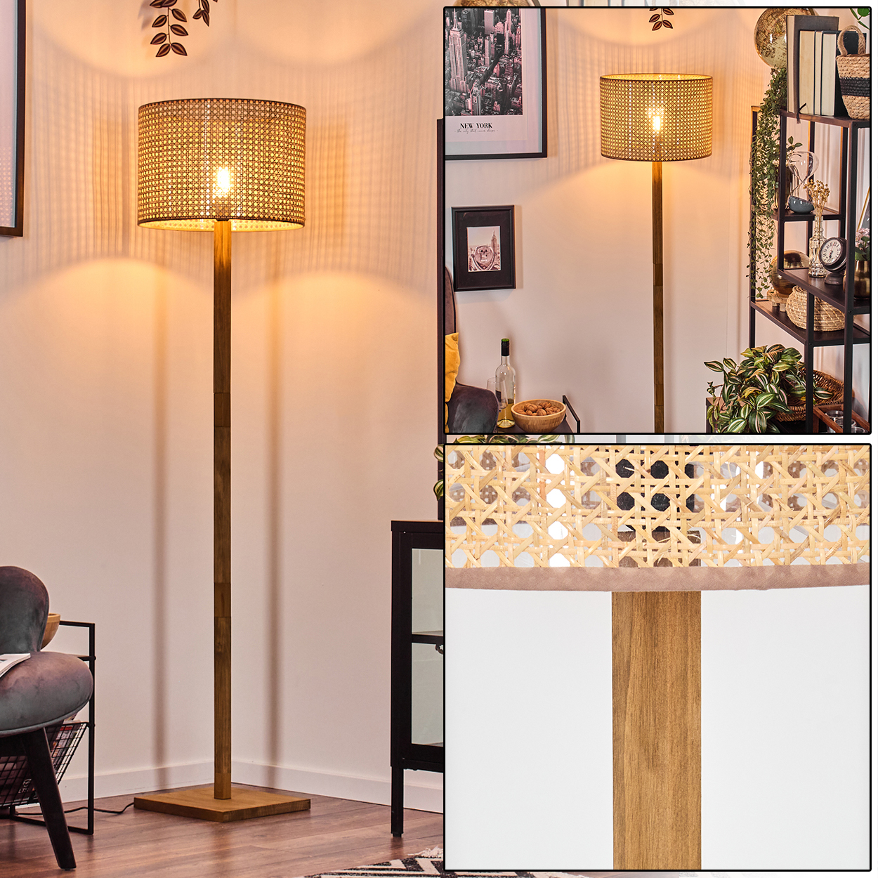 Ein Raum mit Stehlampe mit gewebtem Lampenschirm. Ein New York Poster an der Wand.