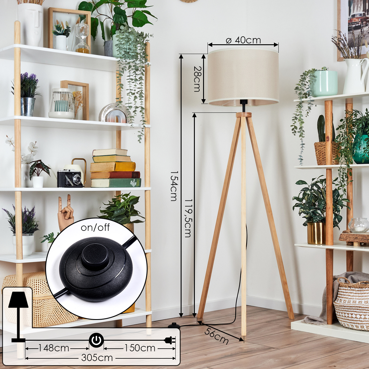 Holzstativlampe mit beigem Schirm. Maße angegeben. Ein/Aus-Schalter und Steckerdetails.