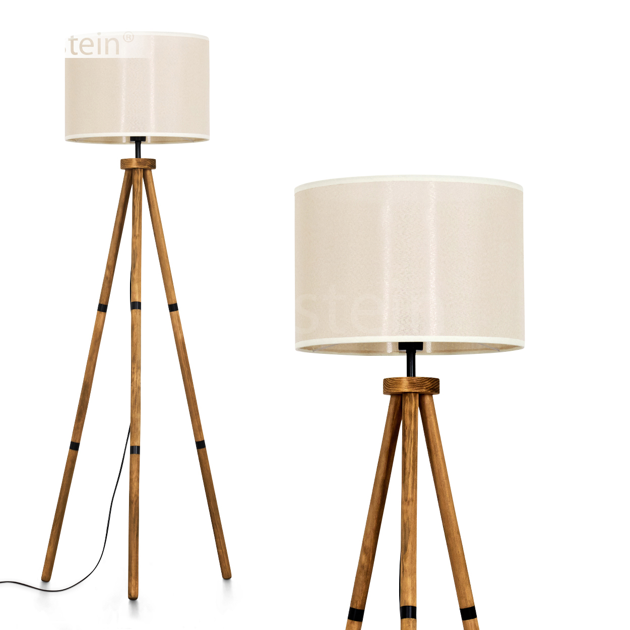 Stehlampen mit Stativ, eine mit beigem Schirm, die andere mit Holzstruktur und dunklem Schirm.