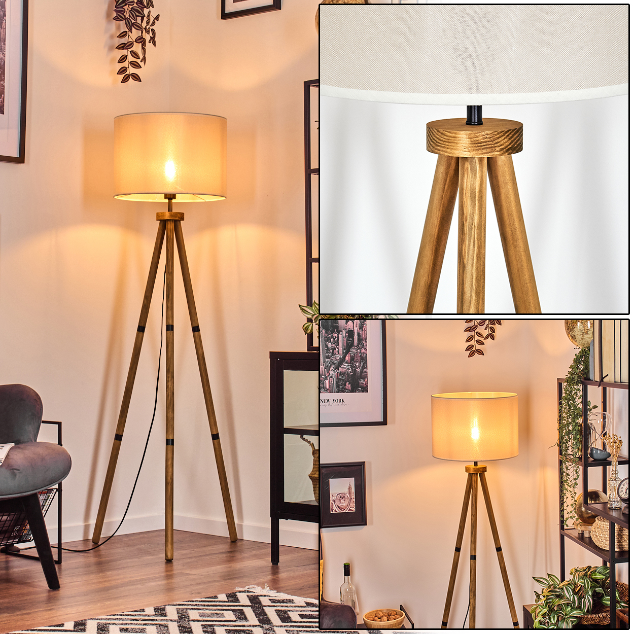 Stativlampe, beiger Schirm, beleuchtet. Ecke mit Pflanze und Kunst. Zusätzliche Ansicht des Lampendetails.