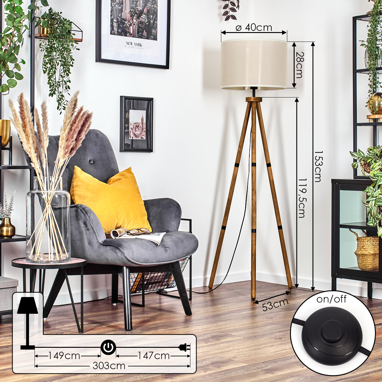 Eine Stehlampe mit Stativfuß, Pflanzen und Bodenschalter, mit Maßangaben.