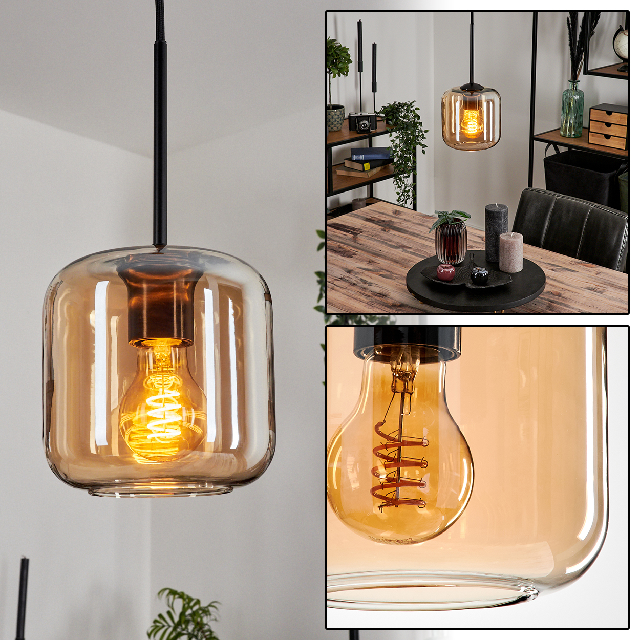Nahaufnahme einer Pendelleuchte mit zylindrischem, bernsteinfarbenem Glasschirm und sichtbarer Glühbirne.