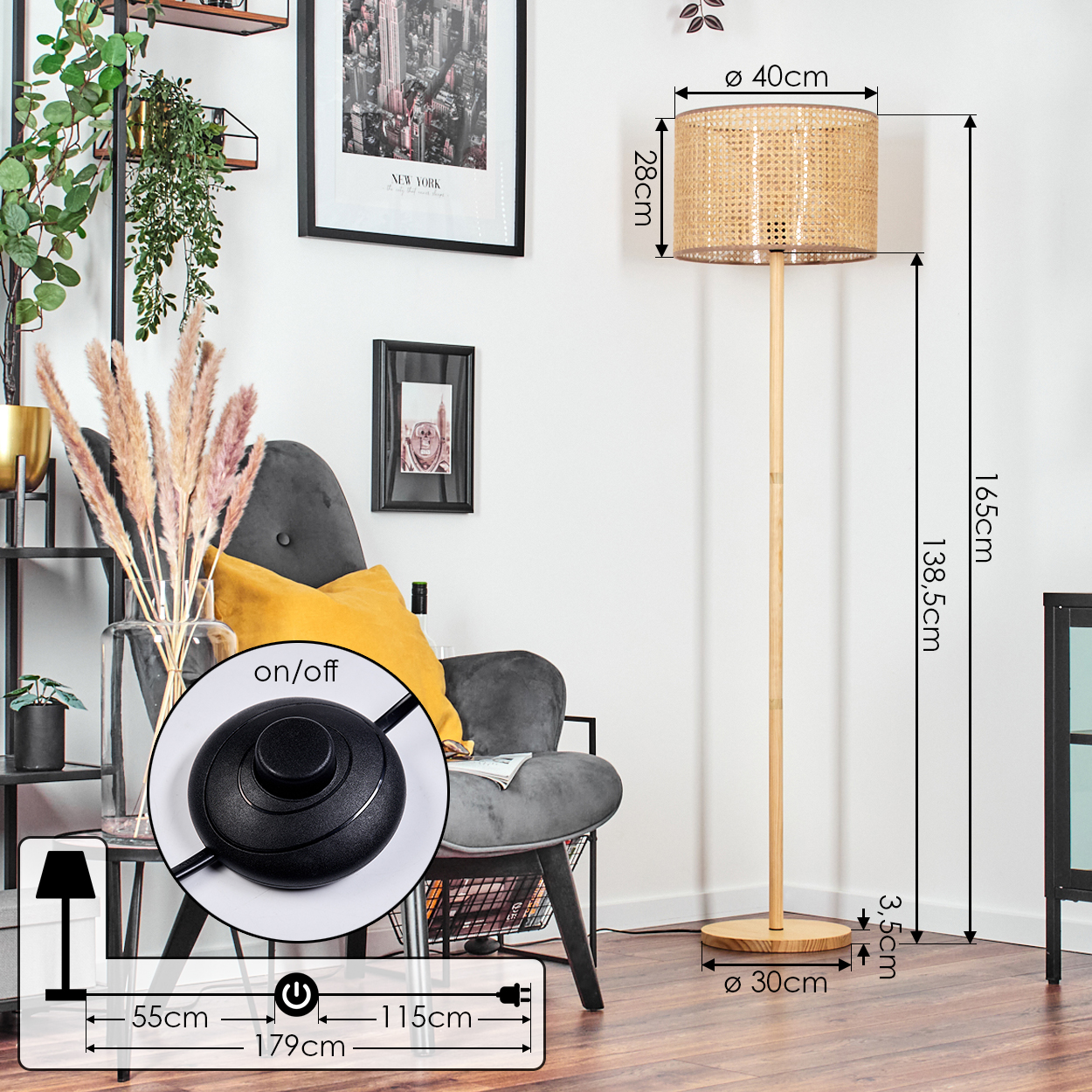 Stehlampe mit gewebtem beigefarbenem Schirm. Abmessungen: 165cm hoch, 138,5cm, 28cm Schirmhöhe, 30cm Fußdurchmesser.