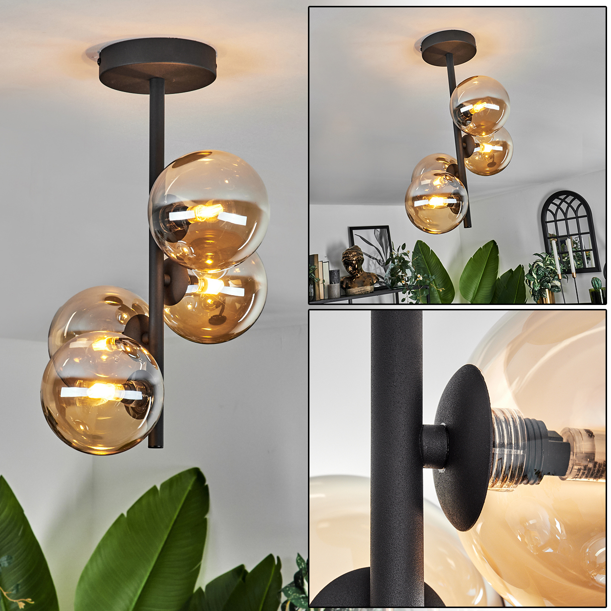 Eine Deckenlampe mit bernsteinfarbenen Kugeln in einem Raum. Eine Nahaufnahme der Lampe und andere Aufnahmen mit einer Büste und Pflanzen.