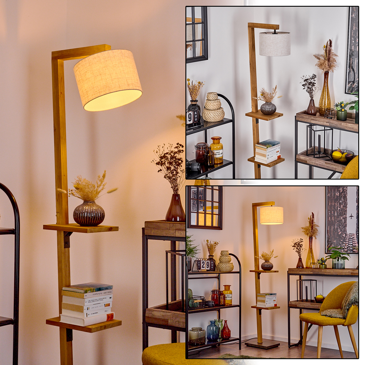 Mehrere Bilder einer hölzernen Stehlampe mit Regalen, Deko im Raum.