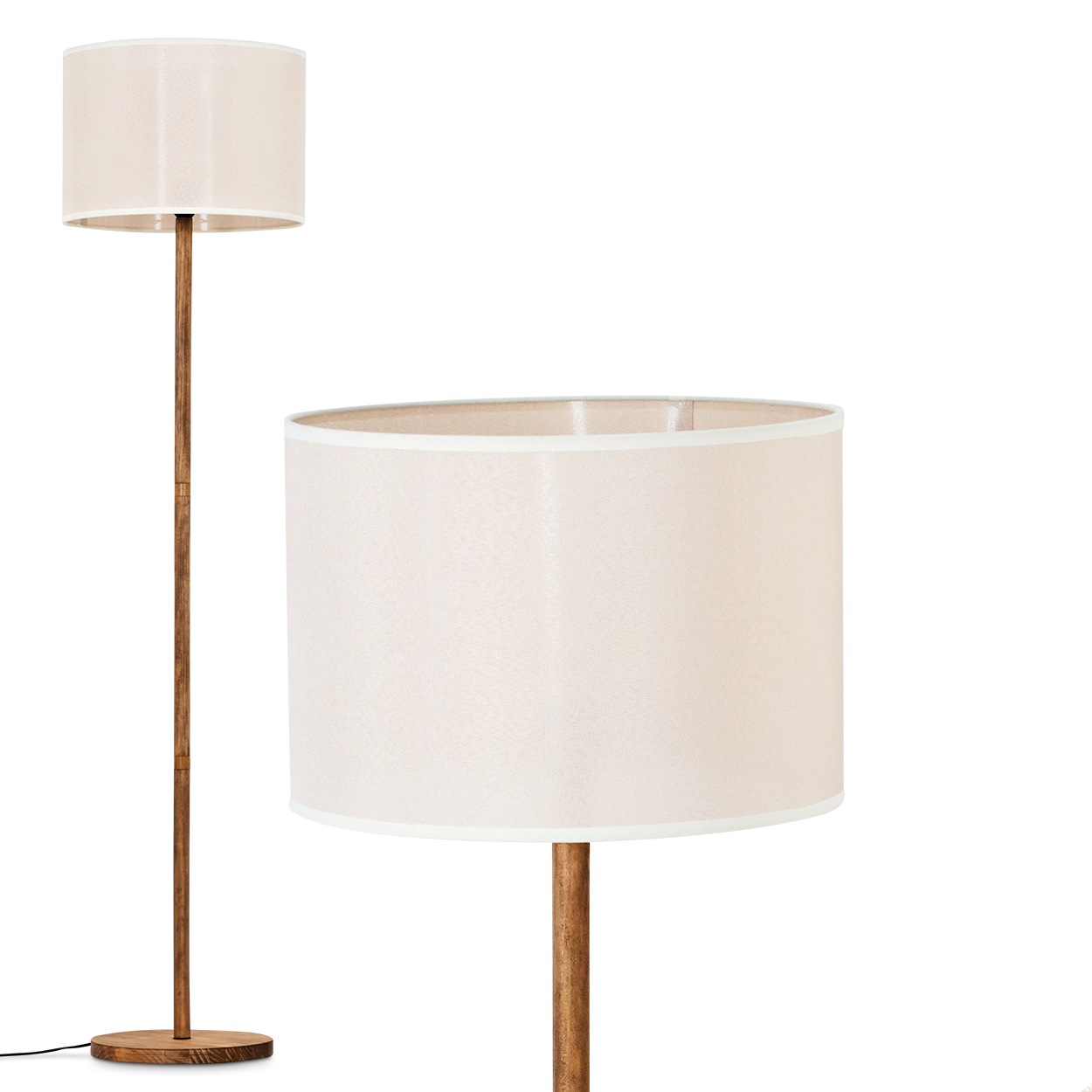 Stehlampe mit beigem Schirm und Holzstange, weißer Hintergrund.