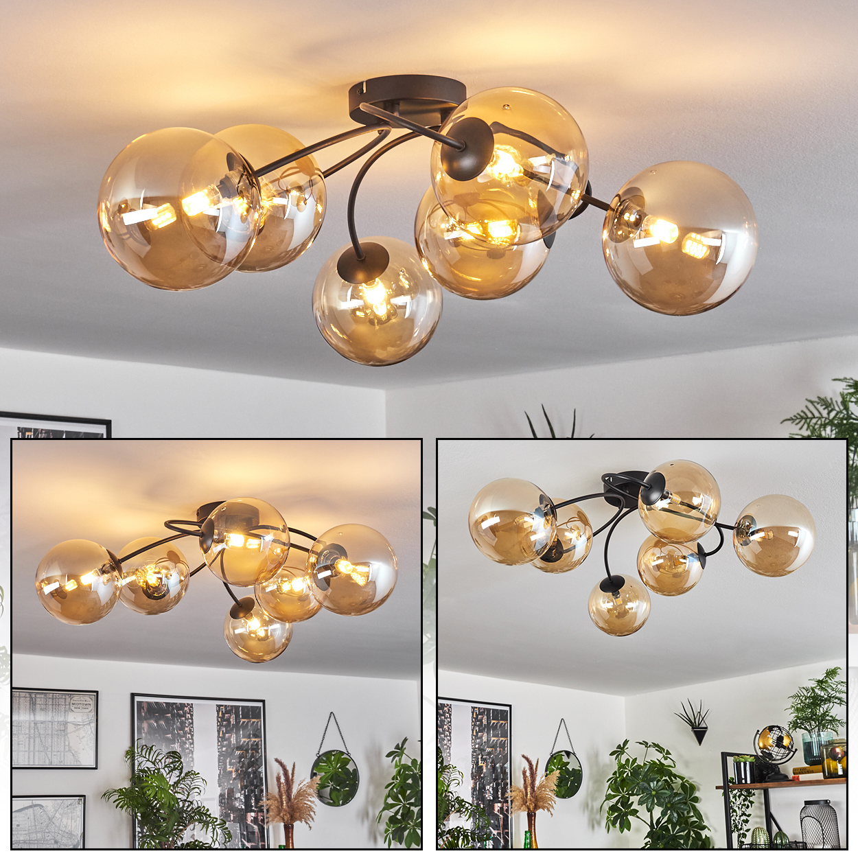 Deckenlampe mit mehreren kugelförmigen Schirmen aus bernsteinfarbenem Glas. Schwarze Vorrichtung. Weißer Deckengrund.