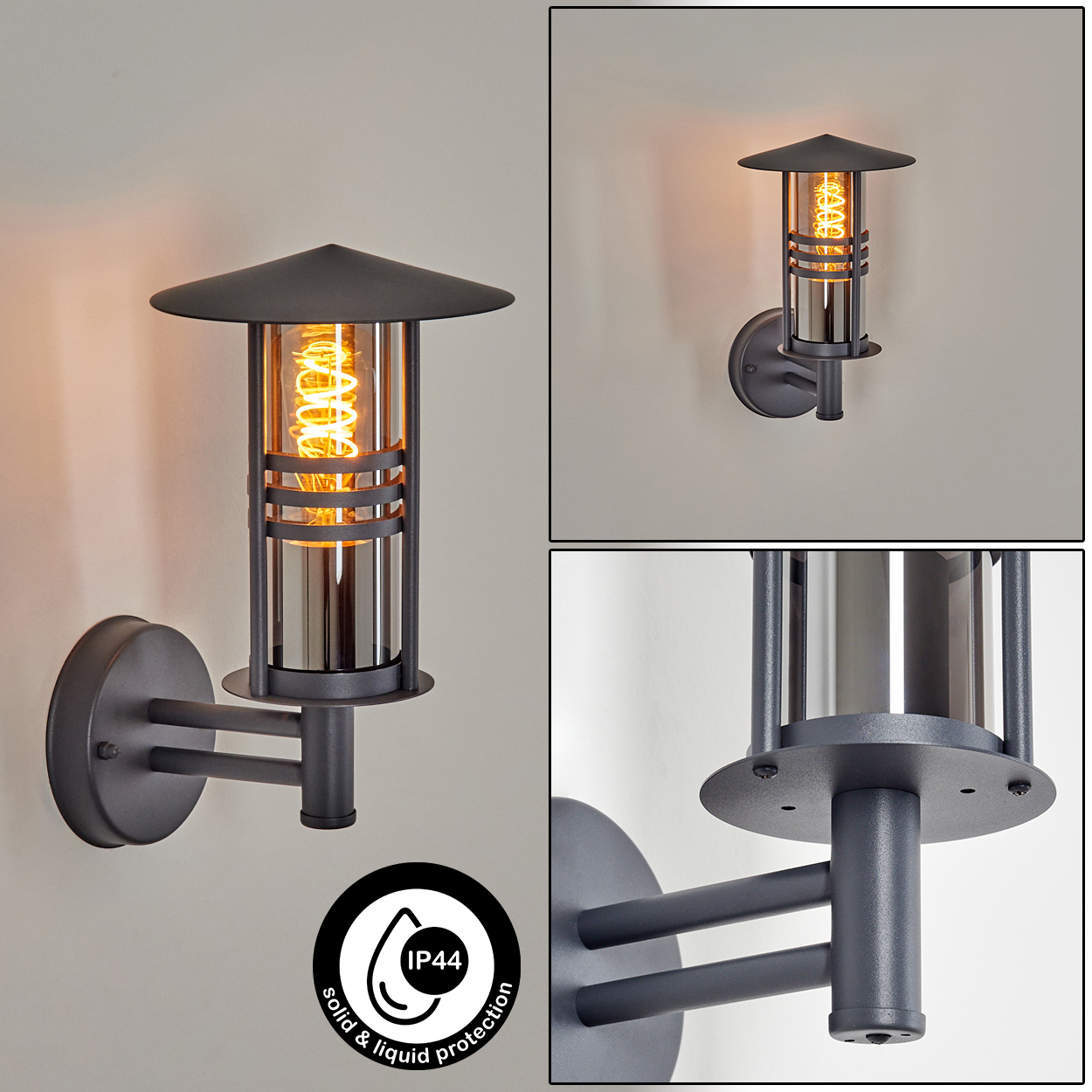 Außenlampe mit kegelförmigem Aufsatz und zylindrischem Design. IP44-Schutzetikett sichtbar.