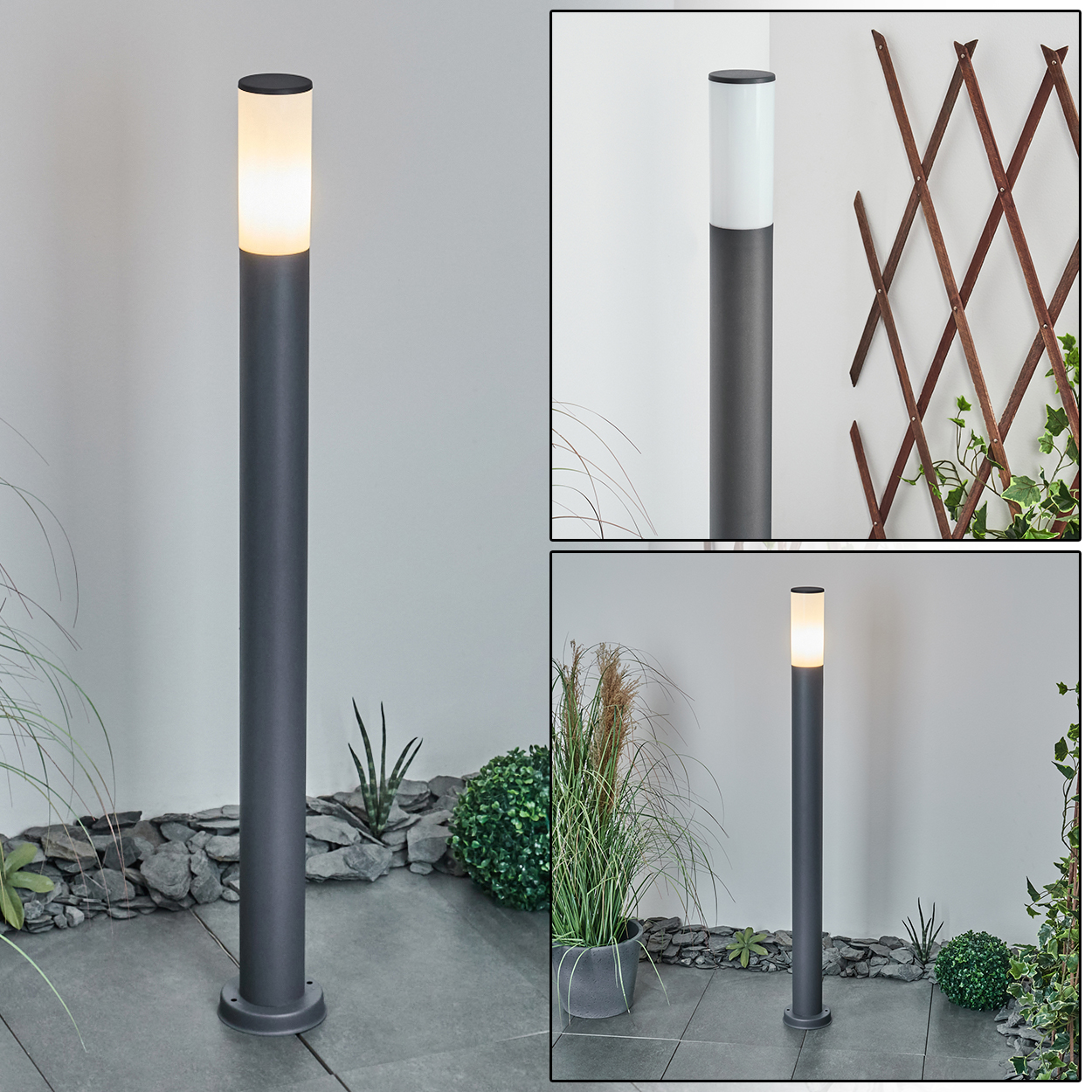 Eine hohe, graue Außenlampe mit weißem Oberteil, beleuchtet. Die Szene zeigt eine Garteneinstellung.