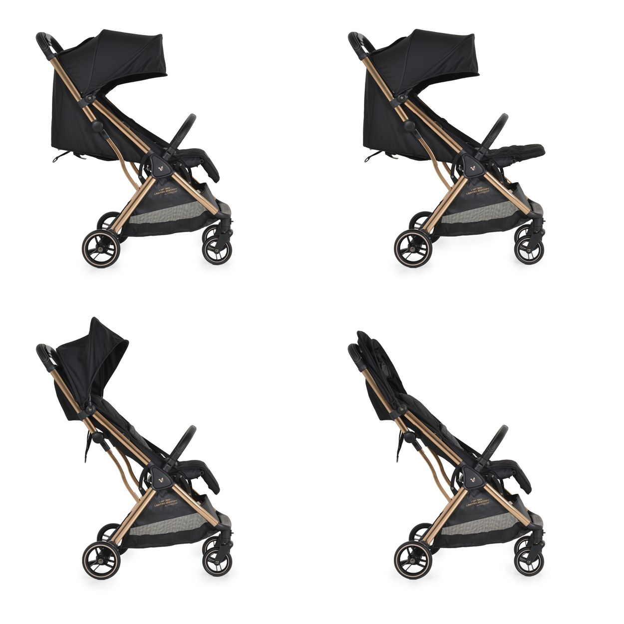 Vier Ansichten eines schwarz-goldenen Kinderwagens mit schwarzem Verdeck, die verschiedene Sitzpositionen zeigen.