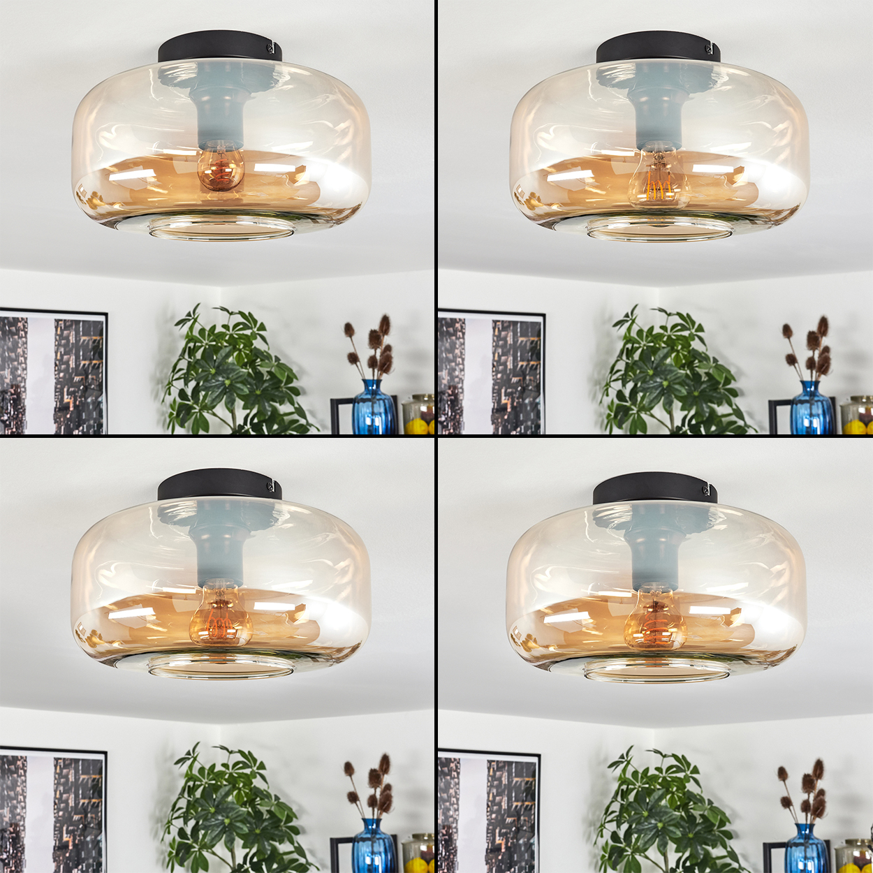 Vier Bilder einer Deckenlampe mit bernsteinfarbenem Glasschirm und sichtbarer Glühbirne vor weißer Decke.