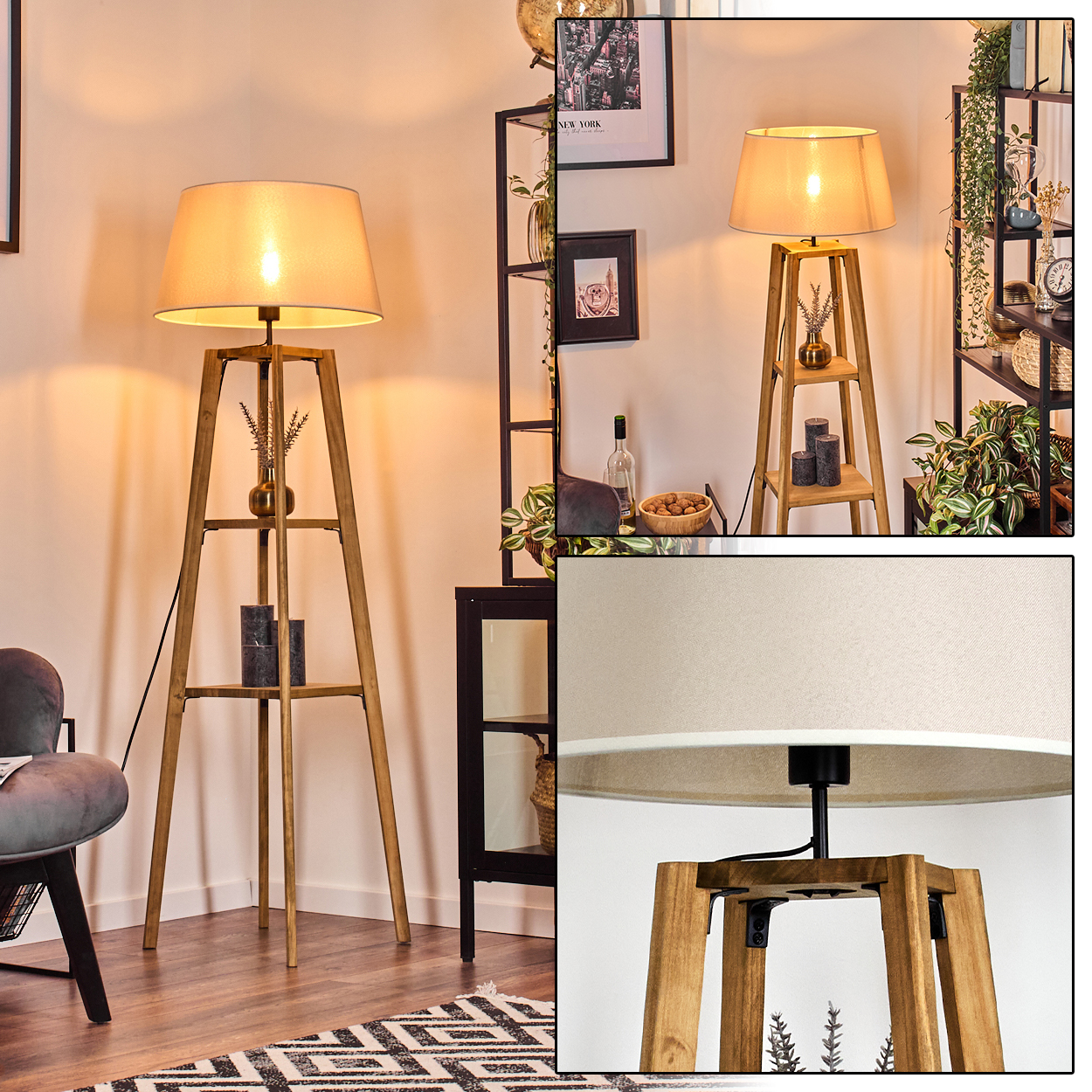 Stehlampe mit Holzrahmen, beigem Lampenschirm, in einer Ecke mit Stuhl und Dekoration.