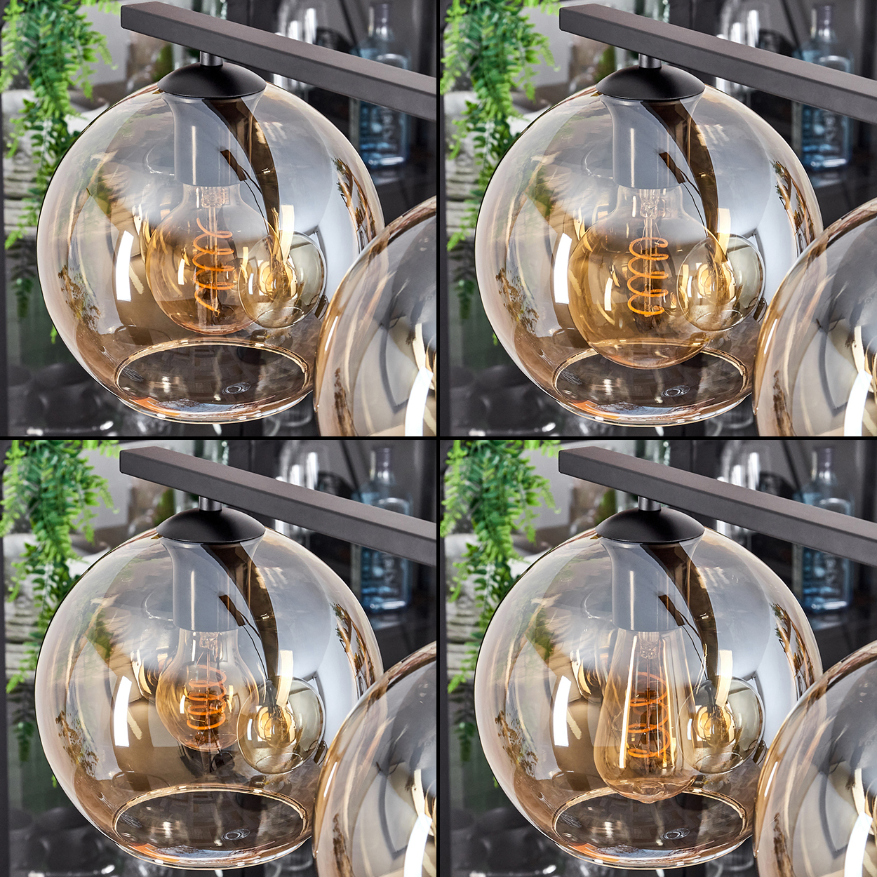 Vier Glas-Pendelleuchten mit bernsteinfarbenen Glühbirnen sind unter einer schwarzen Stange angeordnet, mit grünem Hintergrund.