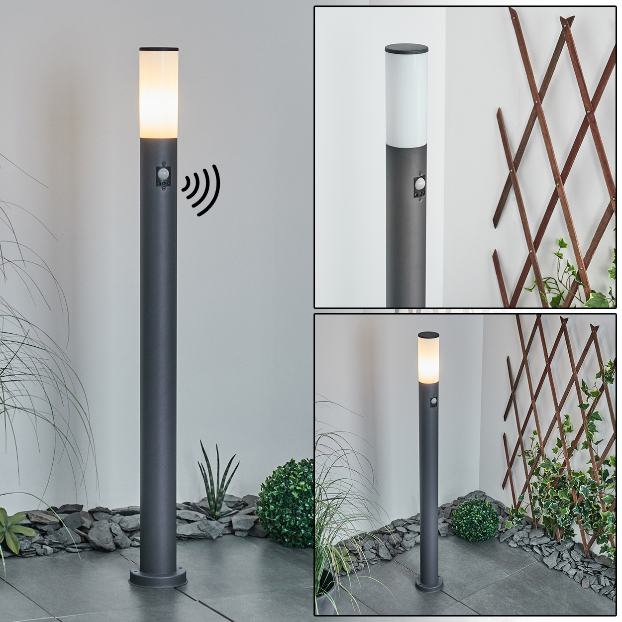 Eine graue Außenlampe mit Bewegungssensor, in der Nähe einer Pflanze.