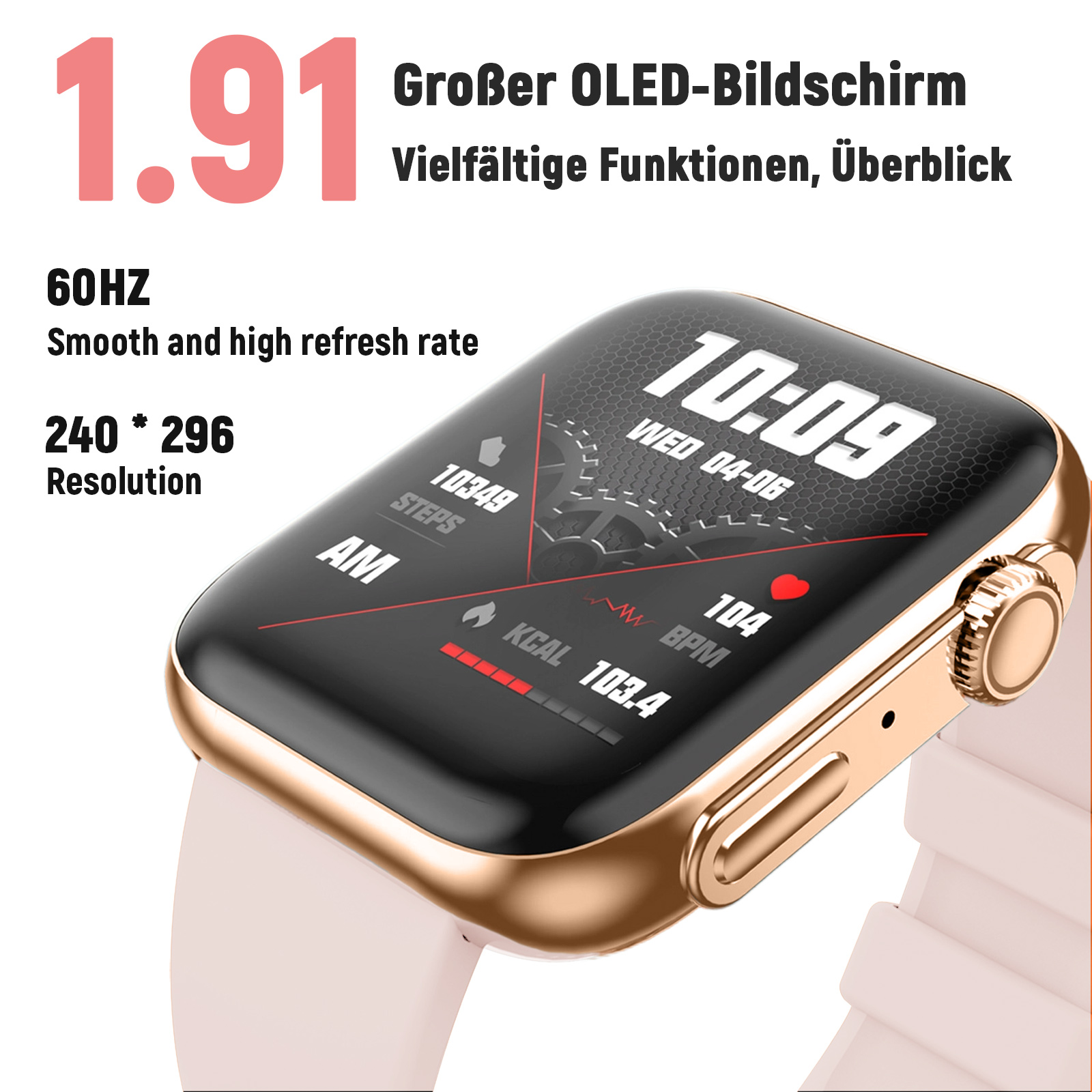 Eine Smartwatch, die Daten anzeigt, mit Text, der Funktionen und Auflösung hervorhebt.
