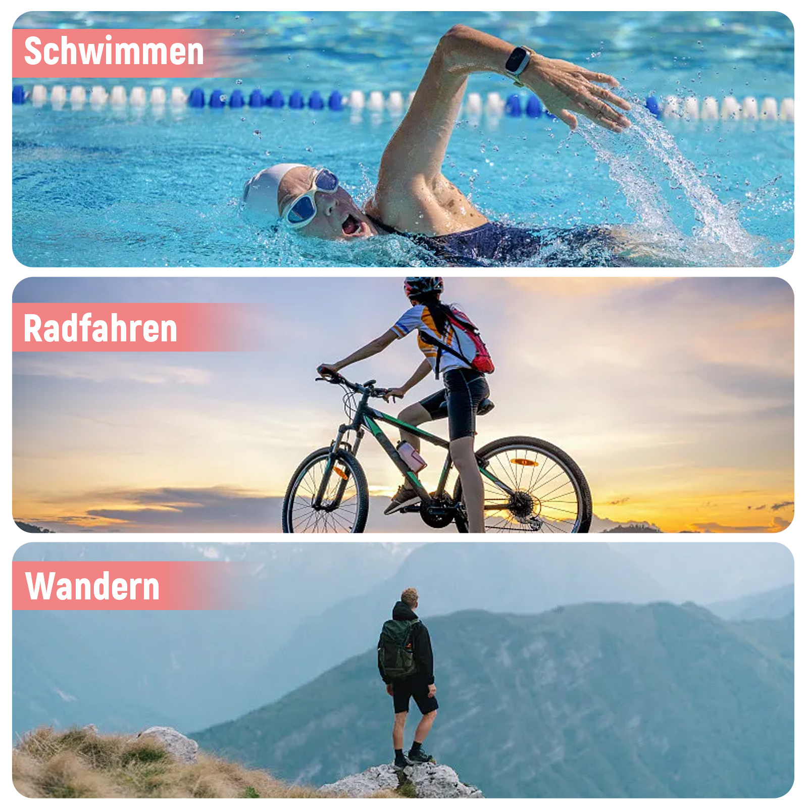 Drei Bilder: Schwimmer im Pool, Radfahrer auf dem Fahrrad und Person beim Wandern. Alle in verschiedenen Umgebungen.